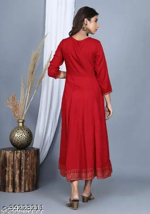 Stylish rayon, three-quarter sleeve cotton kurti with embroidered designs - versatile for every occasion, women's ethnic wear