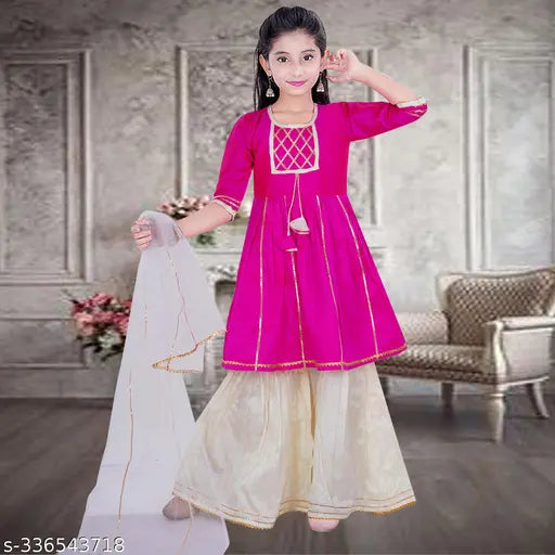 Dupion silk striped A-line kurta sharara & dupatta set for kids ethnic wear, comfortable in any season & occasion. Sizes: 2-3Y, 3-4Y, 4-5Y, 5-6Y, 6-7Y, 7-8Y, 9-10Y, 10-11Y, 11-12Y. Indian made