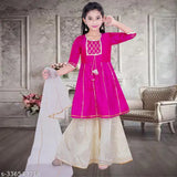 Dupion silk striped A-line kurta sharara & dupatta set for kids ethnic wear, comfortable in any season & occasion. Sizes: 2-3Y, 3-4Y, 4-5Y, 5-6Y, 6-7Y, 7-8Y, 9-10Y, 10-11Y, 11-12Y. Indian made