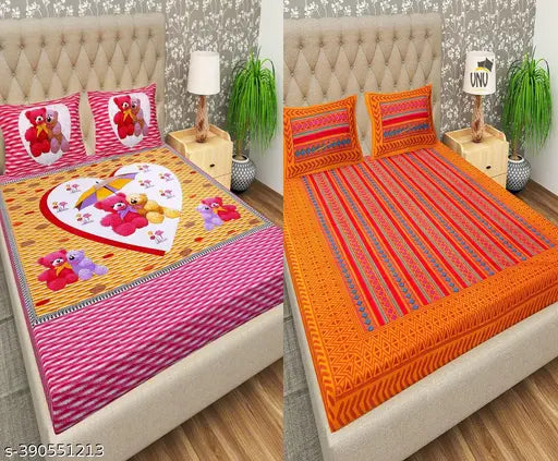 100% cotton cartoon printed double bedsheet combo, jaipuri trendy style, heart & teddy bear motifs, summer-ready bedding set