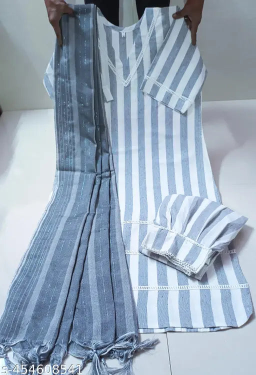 White and grey cotton straight kurta with printed net Afghani salwar, single size available