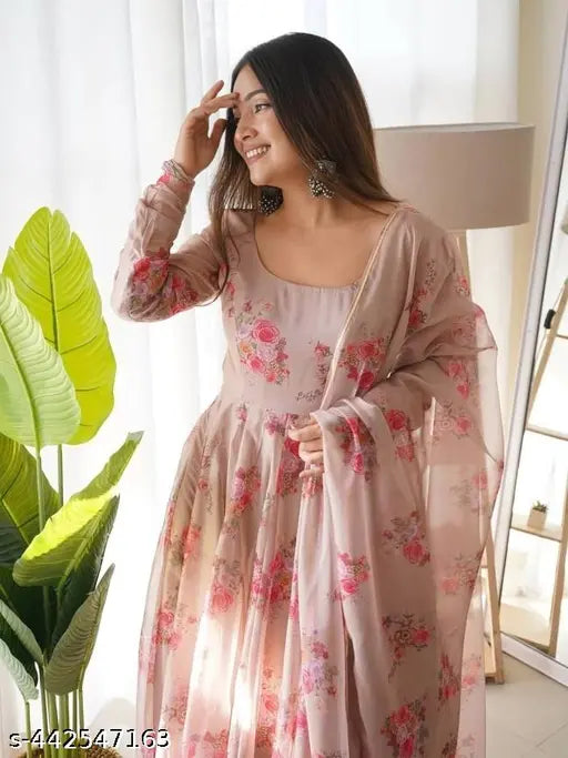 Cream georgette Krishna Chiku gown, printed floral combo with long sleeves and matching dupatta, India-made