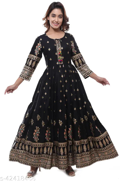 Black rayon three-quarter sleeve printed Anarkali kurta, Indian women's fashion
