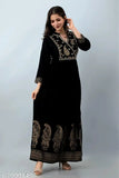 Black embroidered solid Aline rayon kurti, three-quarter sleeves, zari work on yoke, foil print hem, India-made fashion, accessorize with gold jewelry and kolhapuris