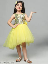 Yellow net embellished party dress for kids, high-low design, 1-12 years sizes available