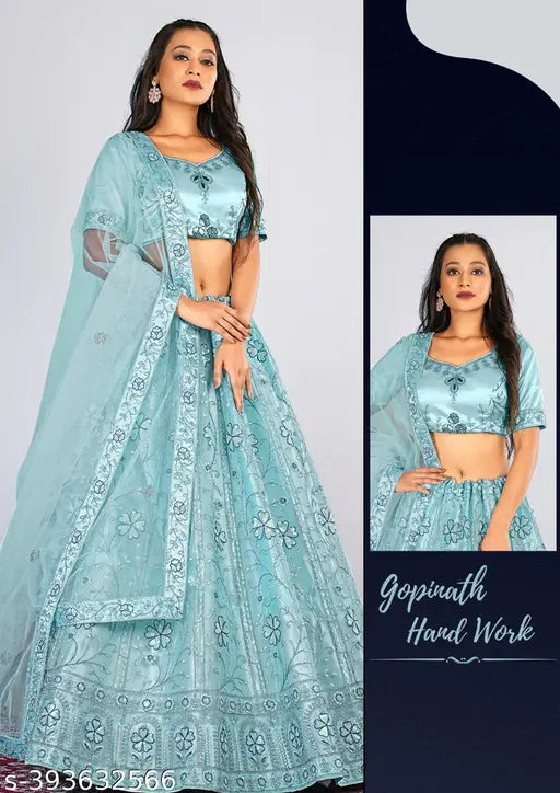 Hand-embroidered net Lehnga Choli & Dupatta set, vibrant and intricate embroidery, Indian bridal wear for women, free size (Lehenga waist 42in, length 43in, Duppatta length 2.45in)