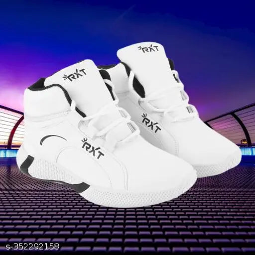 White synthetic kids sports running shoes for boys with padded insole and printed net pattern. Ideal for trekking & outdoors