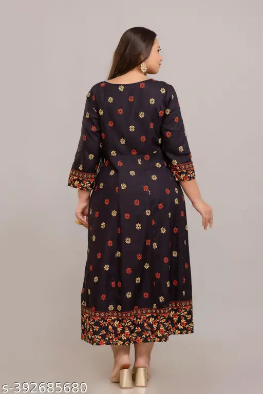 Yellow plus size rayon gown, three-quarter sleeves, printed combo, ankle length, Fashion Zest CH179, formal wear, India