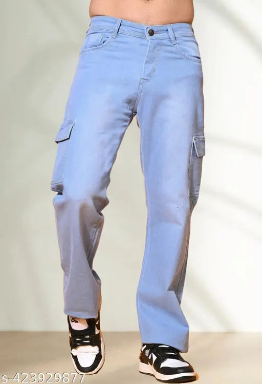 Sky Blue Denim Linaria Jogger Pocket Jeans - Pre-shrunk, pill-resistant fabric for extended use and contrast thread detail. Classic fit with baggy style, ideal size, plush feel. Sizes available: 28, 30, 32, 34 (waist: 28in/30in/32in/34in, length: 42in, hip: 44in/46in/48in/50in) - Made in India