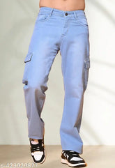 Sky Blue Denim Linaria Jogger Pocket Jeans - Pre-shrunk, pill-resistant fabric for extended use and contrast thread detail. Classic fit with baggy style, ideal size, plush feel. Sizes available: 28, 30, 32, 34 (waist: 28in/30in/32in/34in, length: 42in, hip: 44in/46in/48in/50in) - Made in India