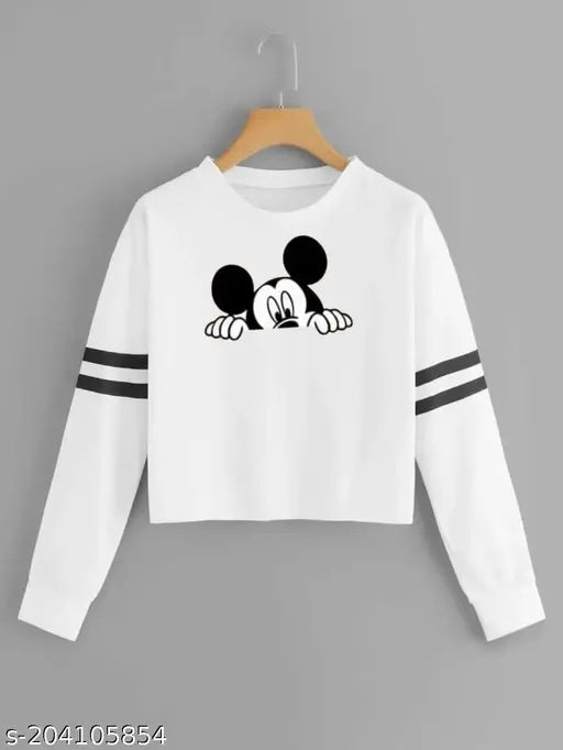 Half Micky printed cotton blend full sleeve round neck T-shirt in various sizes, ideal for women and girls. Soft, breathable, and lightweight for year-round comfort