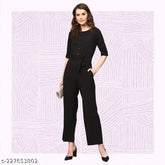 Black crepe jumpsuit by Pearl N Vera, classic and comfortable for women and girls, solid pattern, three-quarter sleeves, India origin