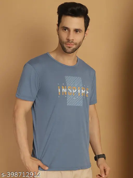 Grey cotton short sleeve men's t-shirt with printed typography, Vimal Jonney brand