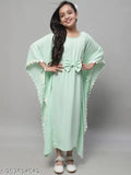 Cotton blend casual kaftan dress for girls in mint color, three-quarter sleeves - Kids Jakanary Mose dress on hanger
