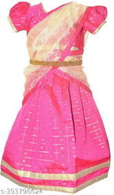 Cotton-blend kids' lehenga choli set with net dupatta, jacquard patterns, short sleeves, Indian origin