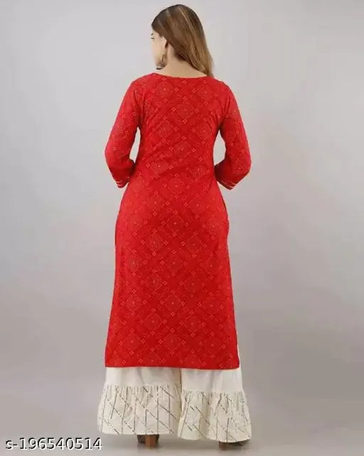 Popular women's printed viscose rayon straight kurta set with sharara bottom, three-quarter sleeves. Rayon fabric, India origin