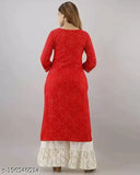 Popular women's printed viscose rayon straight kurta set with sharara bottom, three-quarter sleeves. Rayon fabric, India origin