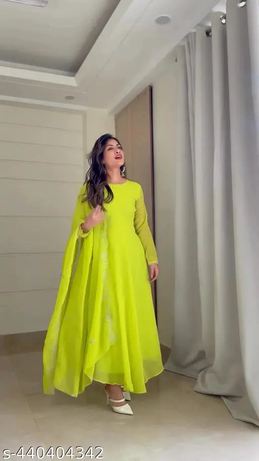 Lime green georgette anarkali gown for women, embroidered dupatta with long sleeves and fitted waist, ideal for festive occasions