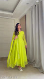 Lime green georgette anarkali gown for women, embroidered dupatta with long sleeves and fitted waist, ideal for festive occasions