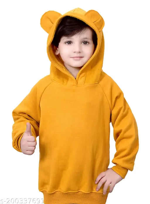 soft fleece yellow unisex kids hoodie for winter, solid color children's sweatshirt, cotton blend fabric hooded style with teddy ear detail, sizes 1-2yrs, 2-3yrs, 3-4yrs, 4-5yrs, made in India
