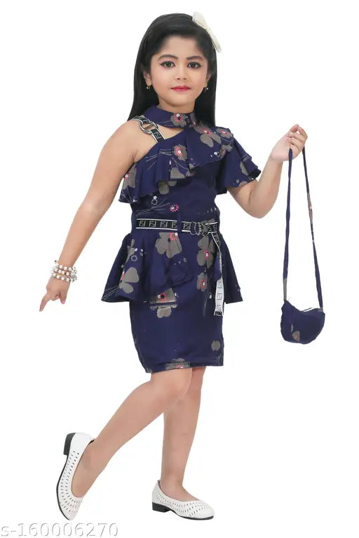 Gold rayon printed net frock for girls with short sleeves, featuring a fur trim detail. Indian design