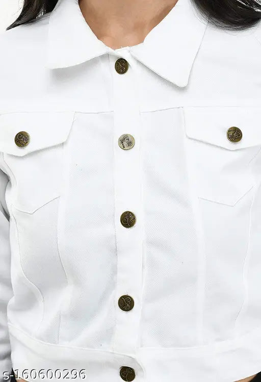 White denim women's long-sleeve jacket, solid color with sizes S-XL (32in - 38in bust)