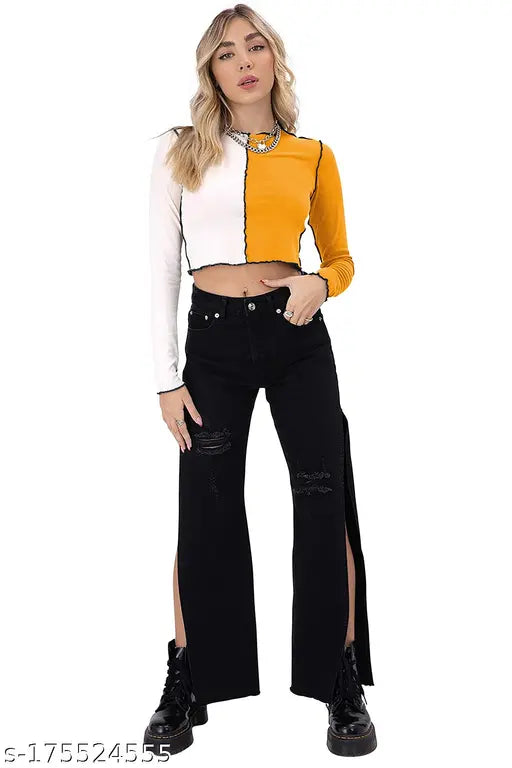 Yellow polyester Lycra full sleeve top with color block pattern for girls & women, round neck, curved hemline