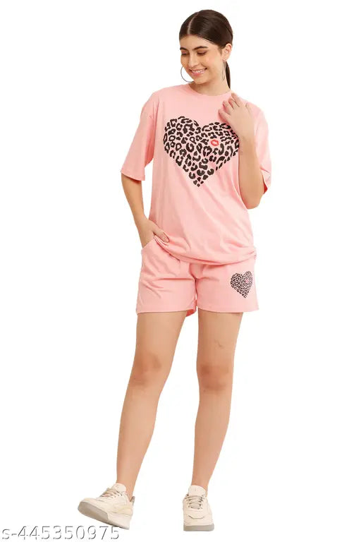 Peach pure cotton printed nightsuit set (top & shorts), high-quality 180 GSM for unparalleled comfort and style, ideal for lounging at home or sleeping