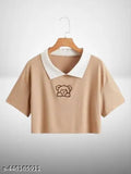 New Korean style cotton blend crop top with polo collar, versatile fit for casual outings, ideal for women and girls