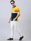 Men's cotton blend colorblock half sleeves polo neck t-shirt with printed pattern, perfect for casual outings paired with denim jeans and sneakers. Made in India