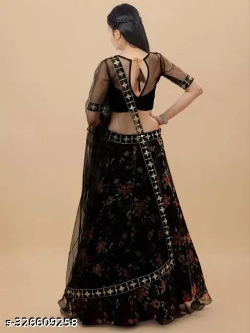 Black embellished lehenga choli and dupatta set for girls (7-14 years), semi-stitched floral art silk lehenga, net dupatta on display