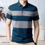 Green cotton-blend men's polo shirt, striped half sleeve, colorblocked design - comfortable for regular wear