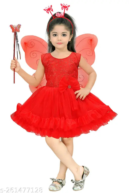 Red embellished net frock with butterfly wings hairband, perfect for fairy princess dresses for girls aged 2-8 years
