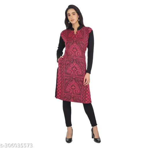 Trendy women's woolen kurta, long-sleeved printed combo in vibrant hues, M (bust size: 18 in), made in India