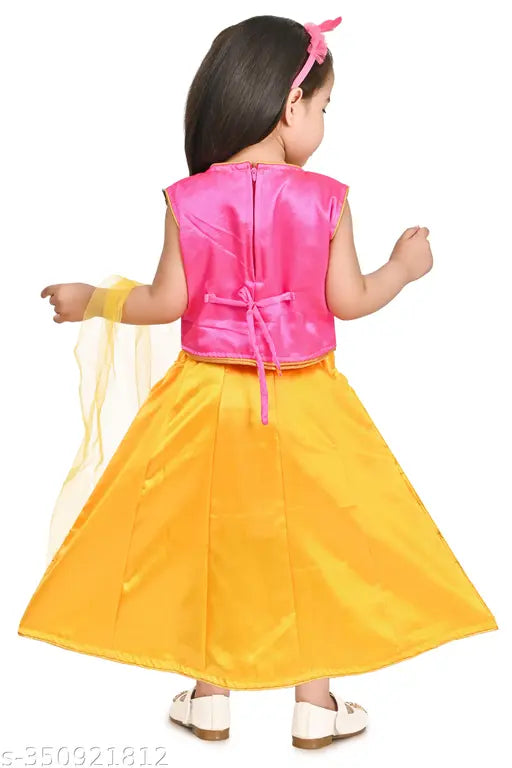 Cotton blend multi lehenga with embroidered pattern, solid dupatta in net. Indian handcrafted traditional wear for toddlers (18-24 months, 0-1 years, 1-2 years, 2-3 years)