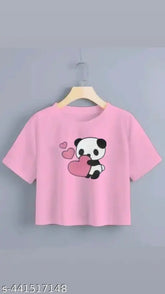 Cotton blend crop top & t-shirt, baby cute panda design printed, short sleeves, size S (34in bust, 17in length)