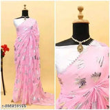 Pura Gerogete silver flower print pink color saree, Indian hand-printed Georgette fabric with solid blouse piece
