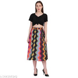 Multi-colored printed polyester calf length skirt with elasticated belt, crepe fabric, Indian origin