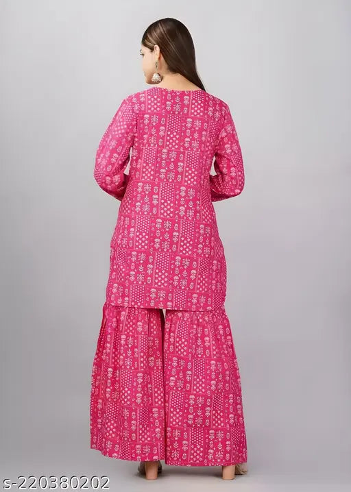 Printed pink rayon kurta with sharara, long-sleeved traditional Indian attire for women, available in sizes S-XXL