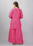 Printed pink rayon kurta with sharara, long-sleeved traditional Indian attire for women, available in sizes S-XXL