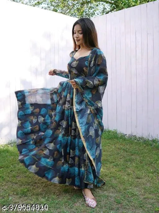 Trendy georgette gown with printed net, long sleeves and lace-adorned duppatta - S to XXL sizes
