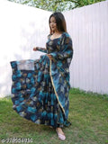 Trendy georgette gown with printed net, long sleeves and lace-adorned duppatta - S to XXL sizes