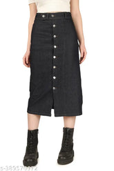 Long black denim state skirt for women & girls, button-side split design, solid pattern