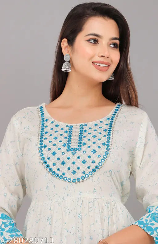 Embroidered work blue printed anarkali in rayon fabric for daily wear, round neck and three-quarter sleeves