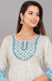 Embroidered work blue printed anarkali in rayon fabric for daily wear, round neck and three-quarter sleeves