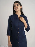 navy-blue rayon A-line poket mandarin kurti for women's, three-quarter sleeves, solid design, great for casual & semi-formal events