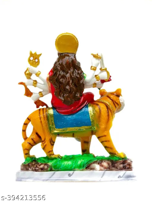 Marble Divine Goddess Durga Mata for car dashboard, multi-colored temple decor with dimensions L-8cm, B-5cm, H-14cm