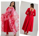 Solid red rayon Anarkali kurta with attached dupatta, elegant, flattering silhouette, perfect for festive occasions