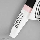 White and black color-blocked cotton blend full sleeve party wear women's hood t-shirt, crop length design