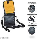 Stylish black leather travel bag with adjustable shoulder strap. One main compartment, two zipper pockets, belt pocket, suitable for men and women. Indian-made cross-body sling bag